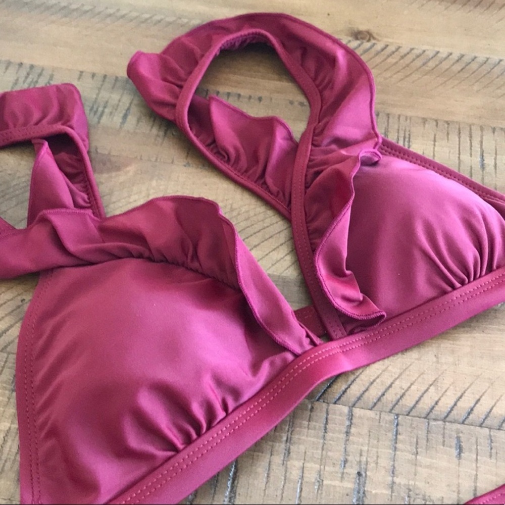 Ruffled Merlot Plunge V-Neck Bikini - Picture 7 of 13